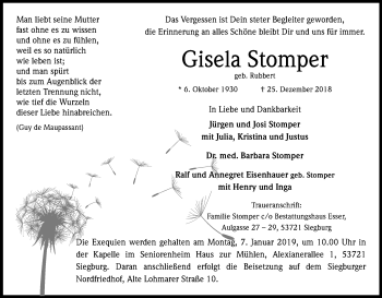 Anzeige von Gisela Stomper von Kölner Stadt-Anzeiger / Kölnische Rundschau / Express