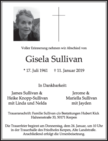 Anzeige von Gisela Sullivan von  Sonntags-Post 