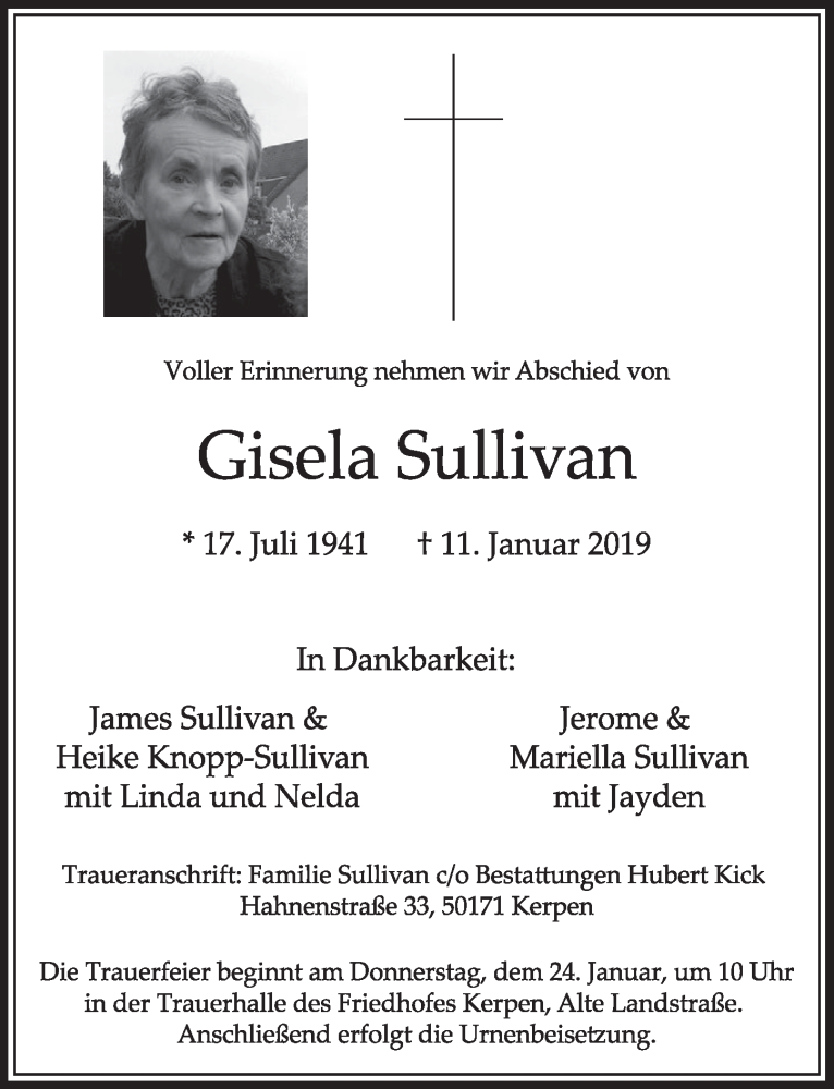  Traueranzeige für Gisela Sullivan vom 19.01.2019 aus  Sonntags-Post 