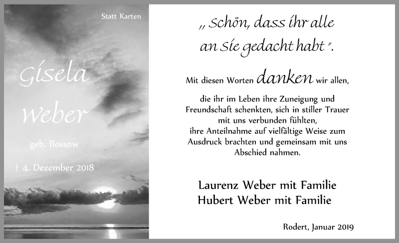  Traueranzeige für Gisela Weber vom 26.01.2019 aus  Blickpunkt Euskirchen 