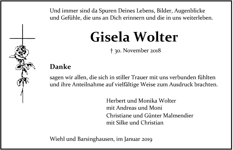  Traueranzeige für Gisela Wolter vom 23.01.2019 aus  Anzeigen Echo 