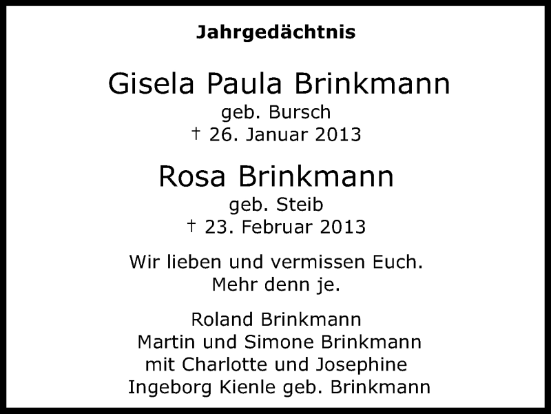  Traueranzeige für Gisela Paula Brinkmann vom 25.01.2019 aus Kölner Stadt-Anzeiger / Kölnische Rundschau / Express