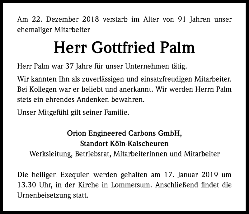  Traueranzeige für Gottfried Palm vom 10.01.2019 aus Kölner Stadt-Anzeiger / Kölnische Rundschau / Express