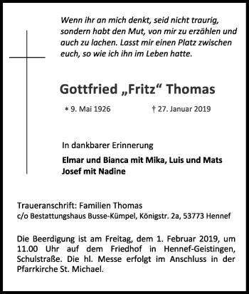 Anzeige von Gottfried Thomas von Kölner Stadt-Anzeiger / Kölnische Rundschau / Express