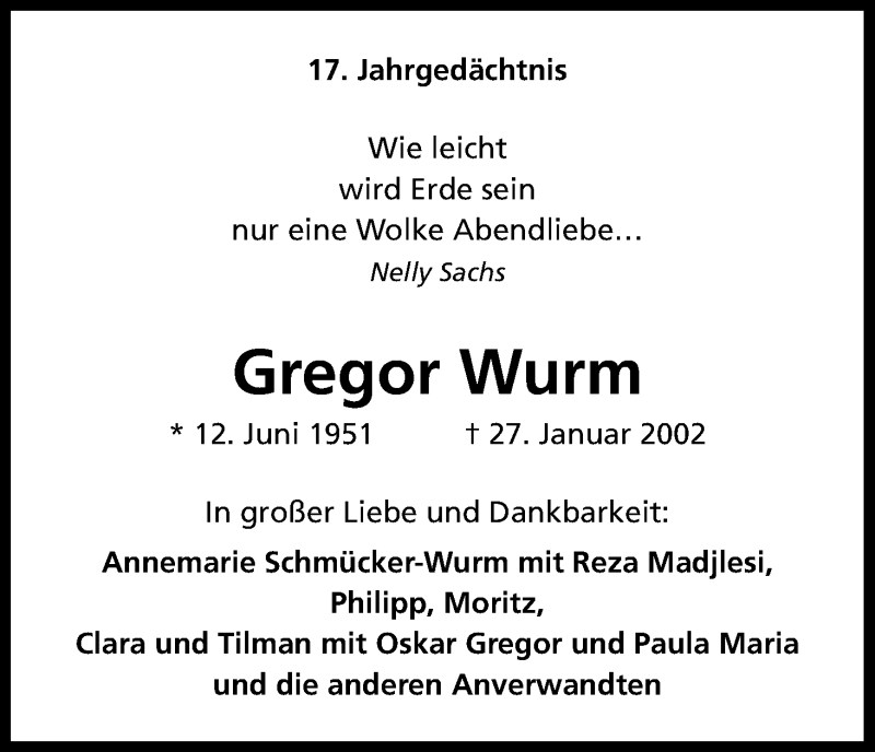  Traueranzeige für Gregor Wurm vom 26.01.2019 aus Kölner Stadt-Anzeiger / Kölnische Rundschau / Express