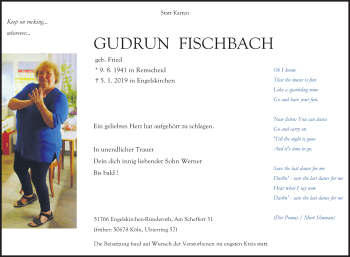 Anzeige von Gudrun Fischbach von Kölner Stadt-Anzeiger / Kölnische Rundschau / Express