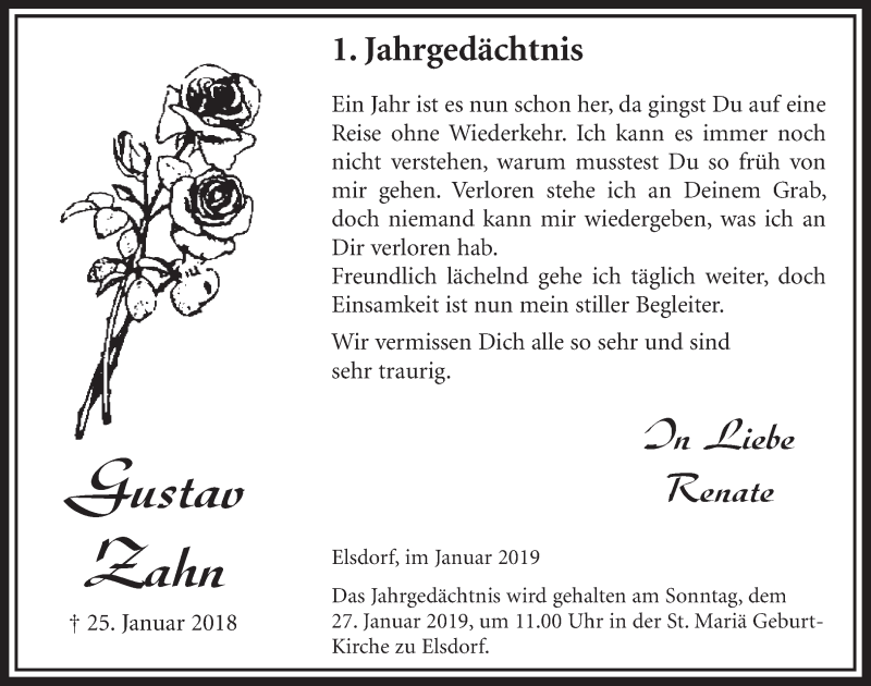  Traueranzeige für Gustav Zahn vom 19.01.2019 aus  Sonntags-Post 