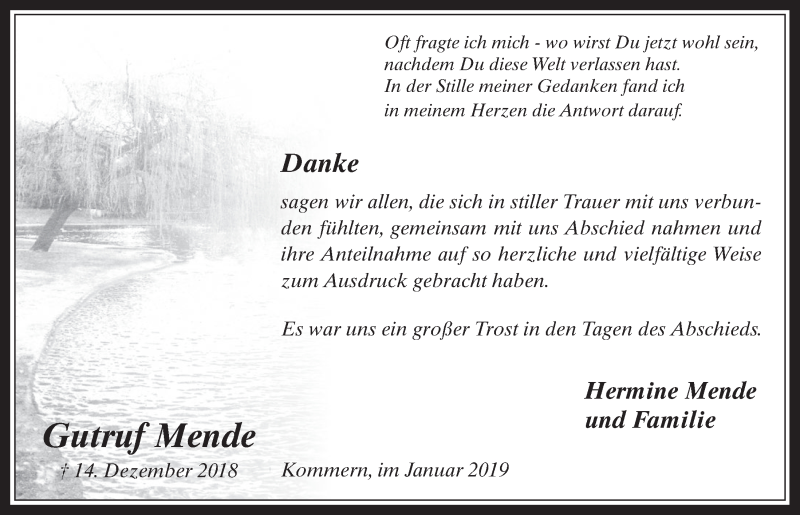  Traueranzeige für Gutruf Mende vom 16.01.2019 aus 