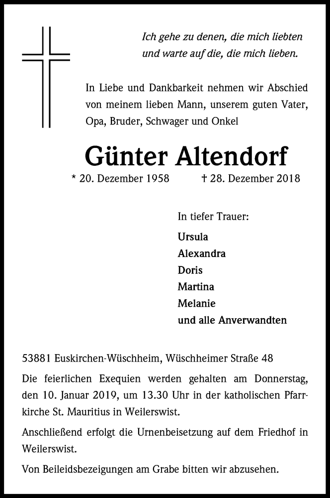  Traueranzeige für Günter Altendorf vom 05.01.2019 aus Kölner Stadt-Anzeiger / Kölnische Rundschau / Express