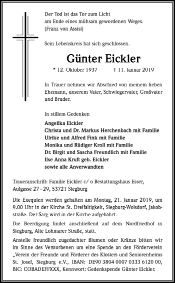 Anzeige von Günter Eickler von Kölner Stadt-Anzeiger / Kölnische Rundschau / Express
