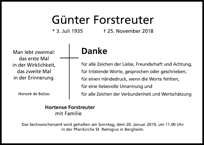  Traueranzeige für Günter Forstreuter vom 09.01.2019 aus Kölner Stadt-Anzeiger / Kölnische Rundschau / Express