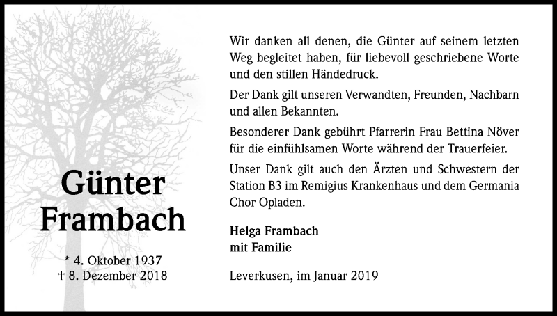  Traueranzeige für Günter Frambach vom 19.01.2019 aus Kölner Stadt-Anzeiger / Kölnische Rundschau / Express