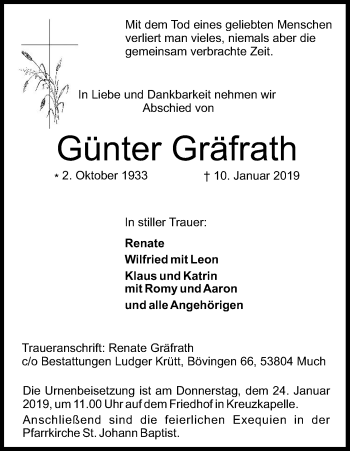 Anzeige von Günter Gräfrath von Kölner Stadt-Anzeiger / Kölnische Rundschau / Express