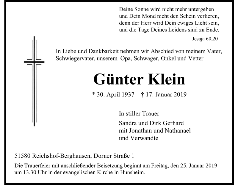  Traueranzeige für Günter Klein vom 22.01.2019 aus Kölner Stadt-Anzeiger / Kölnische Rundschau / Express