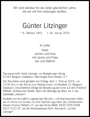 Anzeige von Günter Litzinger von Kölner Stadt-Anzeiger / Kölnische Rundschau / Express