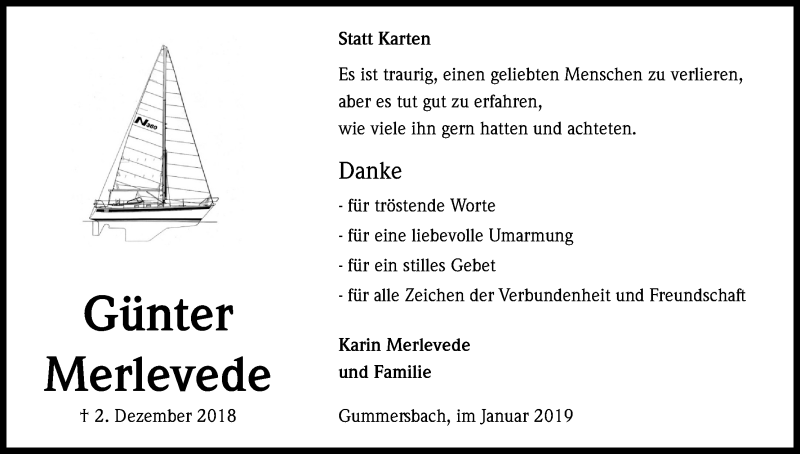  Traueranzeige für Günter Merlevede vom 19.01.2019 aus Kölner Stadt-Anzeiger / Kölnische Rundschau / Express