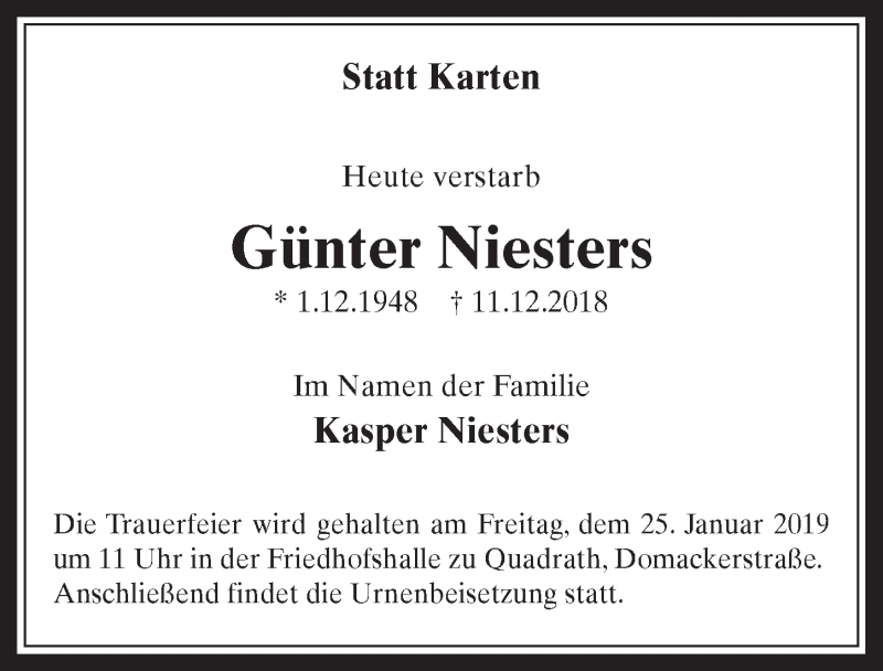  Traueranzeige für Günter Niesters vom 23.01.2019 aus  Werbepost 