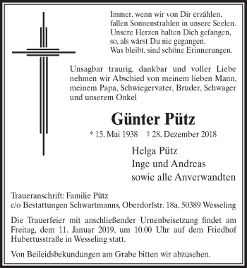 Anzeige von Günter Pütz von  Schlossbote/Werbekurier 