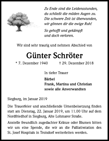 Anzeige von Günter Schröter von Kölner Stadt-Anzeiger / Kölnische Rundschau / Express