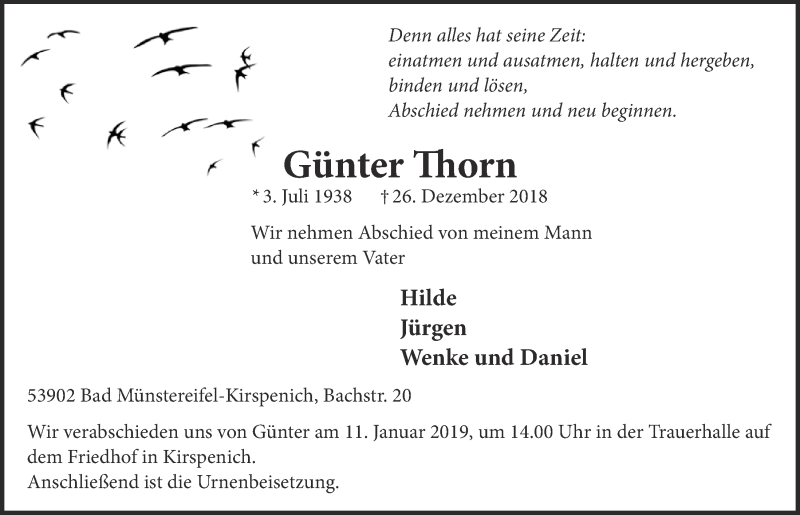  Traueranzeige für Günter Thorn vom 05.01.2019 aus  Blickpunkt Euskirchen 
