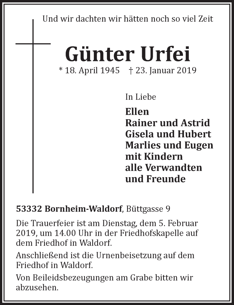  Traueranzeige für Günter Urfei vom 30.01.2019 aus  Schaufenster/Blickpunkt  Schlossbote/Werbekurier 