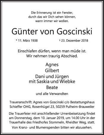 Anzeige von Günter von Goscinski von  Sonntags-Post 