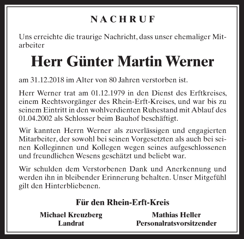  Traueranzeige für Günter Martin Werner vom 16.01.2019 aus  Werbepost 