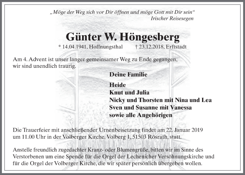  Traueranzeige für Günter W. Höngesberg vom 09.01.2019 aus  Werbepost 