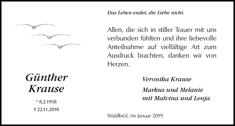  Traueranzeige für Günther Krause vom 09.01.2019 aus  Lokalanzeiger 