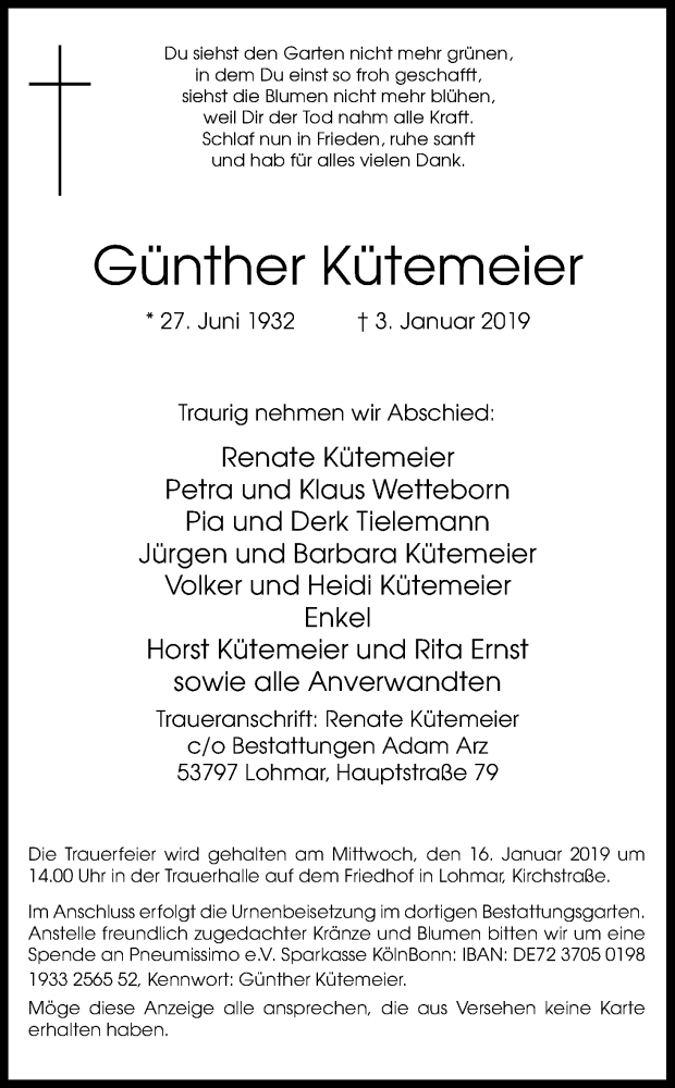  Traueranzeige für Günther Kütemeier vom 12.01.2019 aus Kölner Stadt-Anzeiger / Kölnische Rundschau / Express