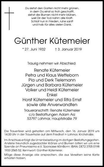 Anzeige von Günther Kütemeier von Kölner Stadt-Anzeiger / Kölnische Rundschau / Express