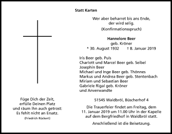 Anzeige von Hannelore Beer von Kölner Stadt-Anzeiger / Kölnische Rundschau / Express