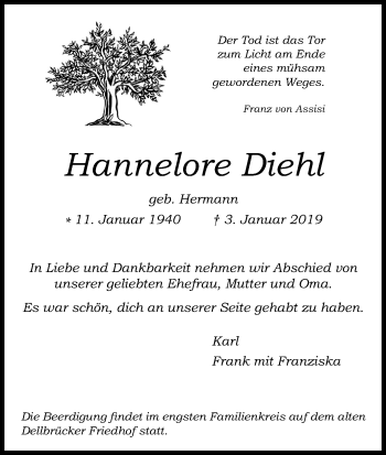 Anzeige von Hannelore Diehl von Kölner Stadt-Anzeiger / Kölnische Rundschau / Express