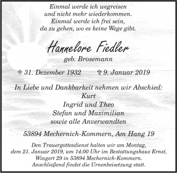 Anzeige von Hannelore Fiedler von  Blickpunkt Euskirchen 