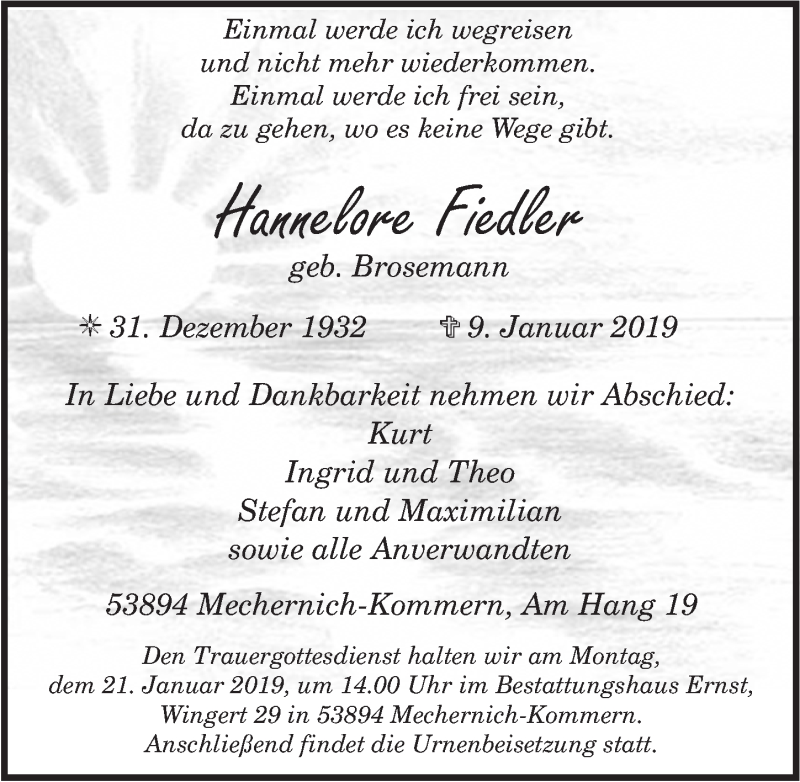  Traueranzeige für Hannelore Fiedler vom 12.01.2019 aus  Blickpunkt Euskirchen 