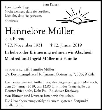 Anzeige von Hannelore Müller von Kölner Stadt-Anzeiger / Kölnische Rundschau / Express