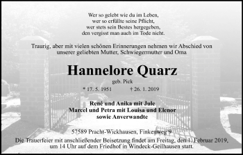 Anzeige von Hannelore Quarz von Kölner Stadt-Anzeiger / Kölnische Rundschau / Express