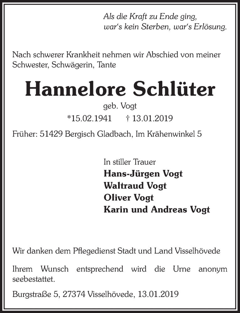  Traueranzeige für Hannelore Schlüter vom 19.01.2019 aus  Bergisches Sonntagsblatt 