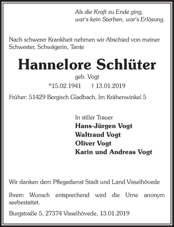 Anzeige von Hannelore Schlüter von  Bergisches Sonntagsblatt 