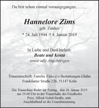 Anzeige von Hannelore Zims von  Kölner Wochenspiegel 
