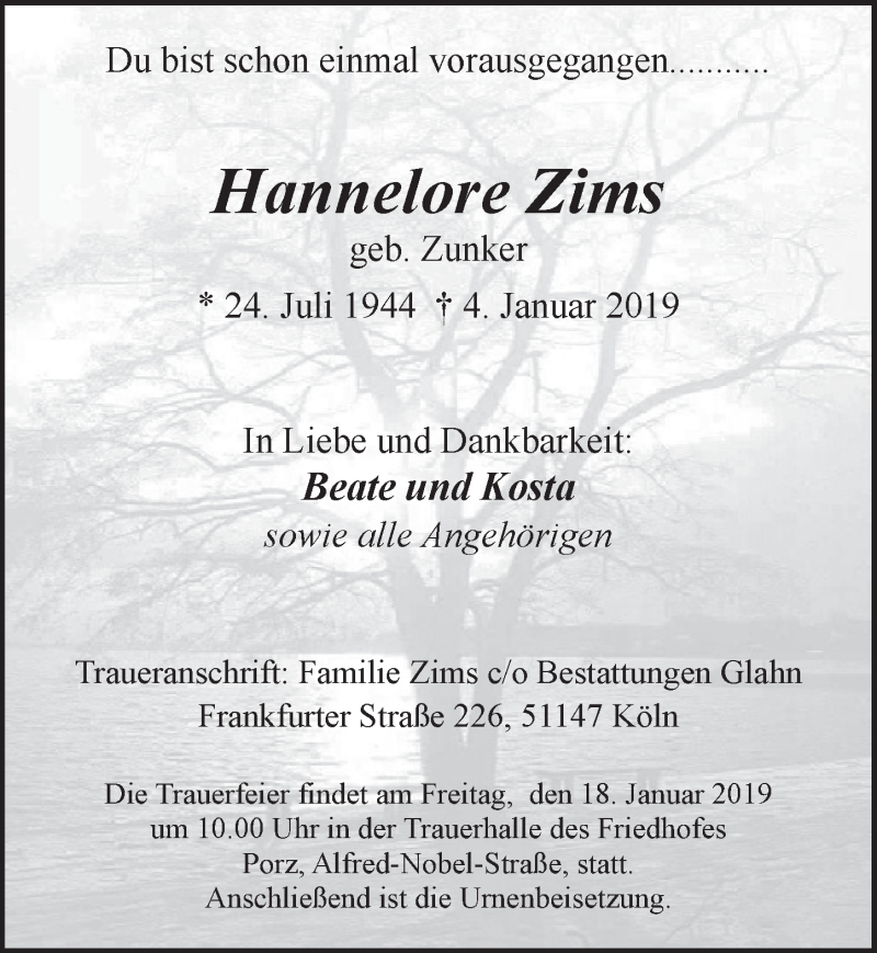  Traueranzeige für Hannelore Zims vom 16.01.2019 aus  Kölner Wochenspiegel 
