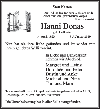 Anzeige von Hanni Bonas von  Sonntags-Post 