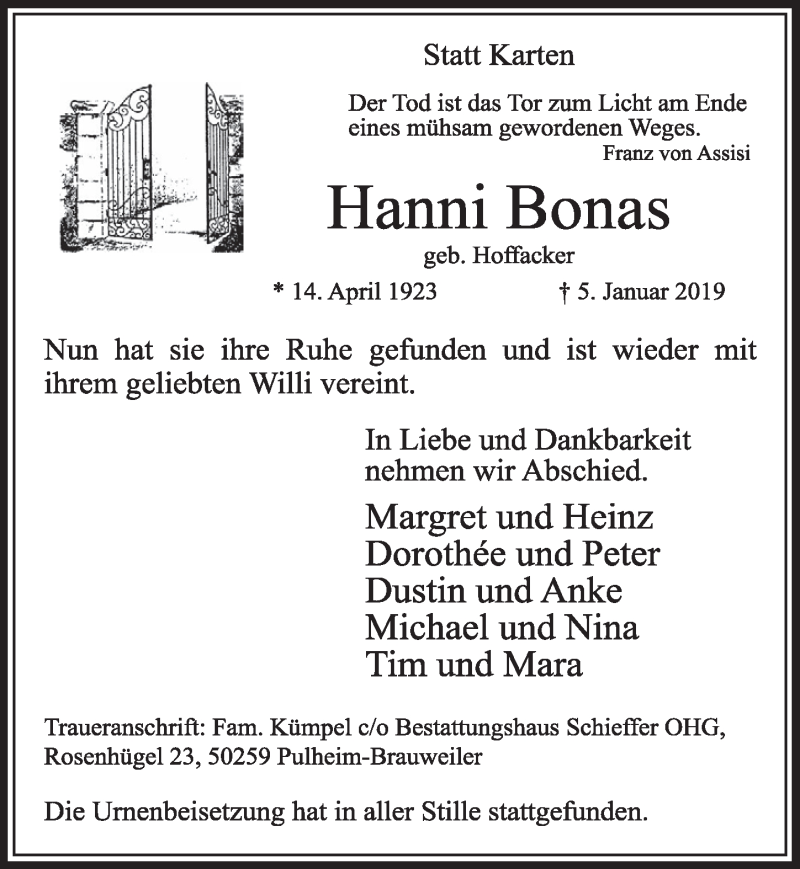  Traueranzeige für Hanni Bonas vom 19.01.2019 aus  Sonntags-Post 