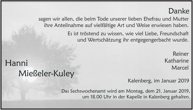  Traueranzeige für Hanni Mießeler-Kuley vom 12.01.2019 aus  Blickpunkt Euskirchen 