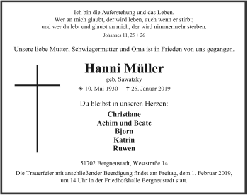 Anzeige von Hanni Müller von  Anzeigen Echo 