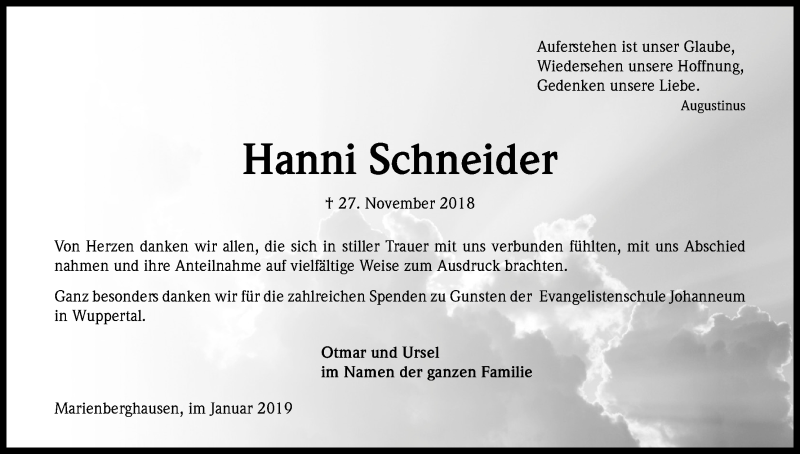  Traueranzeige für Hanni Schneider vom 26.01.2019 aus Kölner Stadt-Anzeiger / Kölnische Rundschau / Express