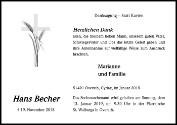 Anzeige von Hans Becher von Kölner Stadt-Anzeiger / Kölnische Rundschau / Express