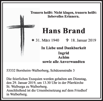 Anzeige von Hans Brand von  Schlossbote/Werbekurier 