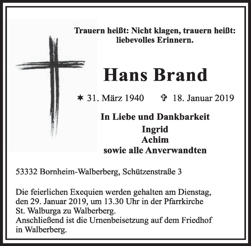  Traueranzeige für Hans Brand vom 23.01.2019 aus  Schlossbote/Werbekurier 