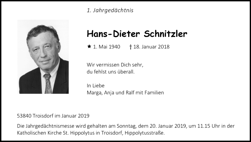  Traueranzeige für Hans-Dieter Schnitzler vom 18.01.2019 aus Kölner Stadt-Anzeiger / Kölnische Rundschau / Express